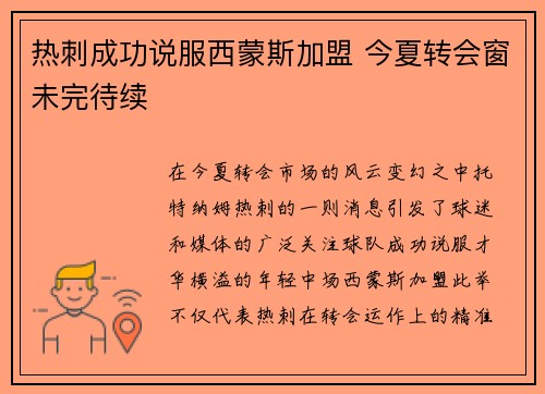 热刺成功说服西蒙斯加盟 今夏转会窗未完待续